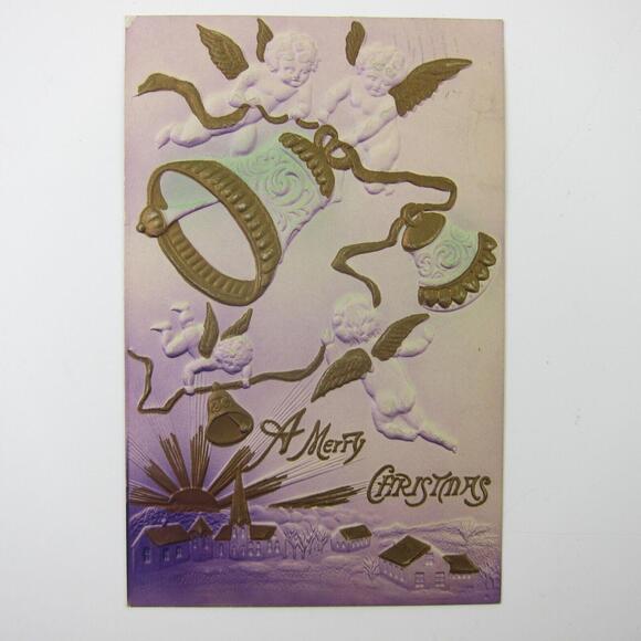 Christmas Postcard Cherub Angels Bells Air Brush Purple Gold Embossed Antique - Picture 1 of 12